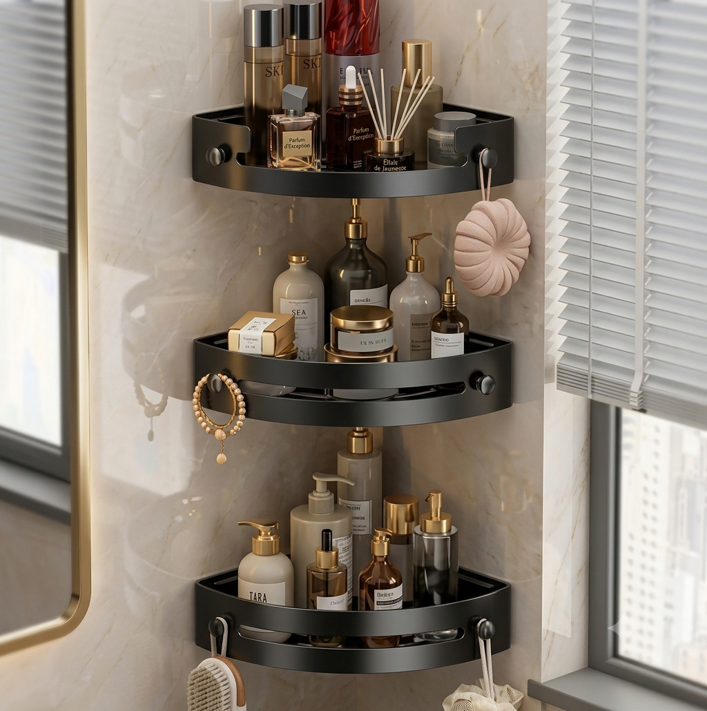 Étagère Mural d'Angle Rangement Salle de Bain – Noir Mat