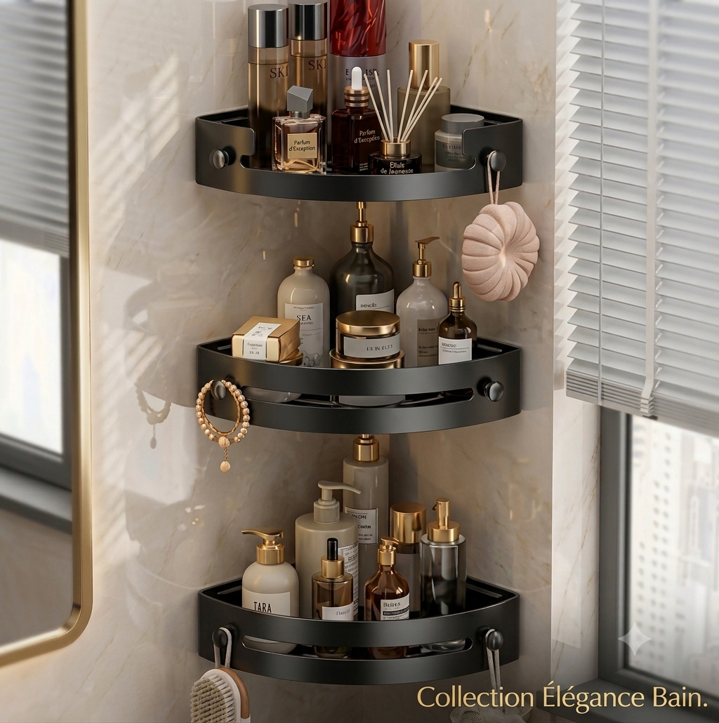 Étagère Mural d'Angle Rangement Salle de Bain – Noir Mat