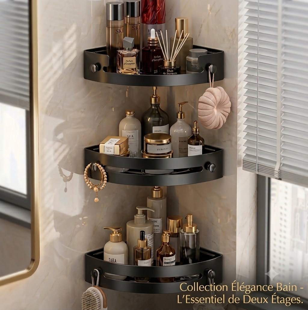 Étagère Mural d'Angle Rangement Salle de Bain – Noir Mat