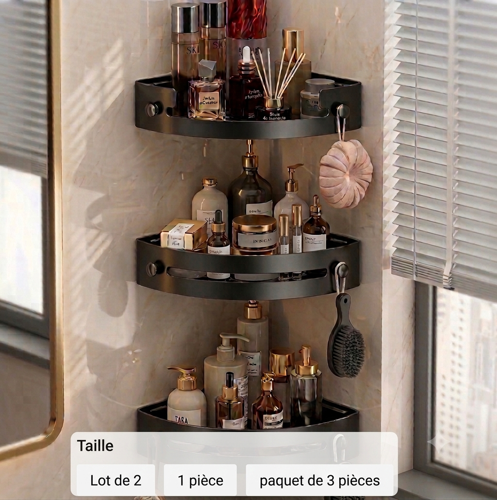 Étagère Mural d'Angle Rangement Salle de Bain – Noir Mat